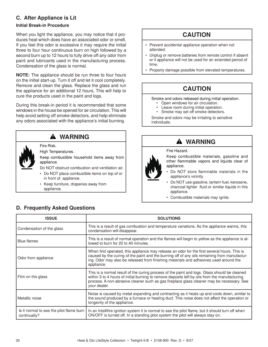 Hearth and Home Technologies II-B After Appliance is Lit, Frequently Asked Questions, Initial Break-in Procedure 