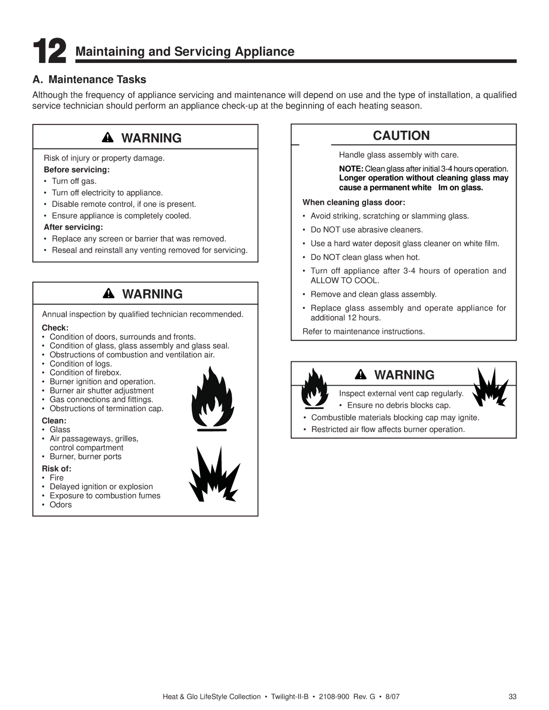 Hearth and Home Technologies II-B owner manual Maintaining and Servicing Appliance, Maintenance Tasks 