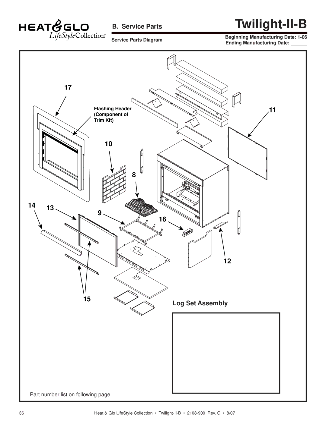 Hearth and Home Technologies II-B owner manual Service Parts, Log Set Assembly 