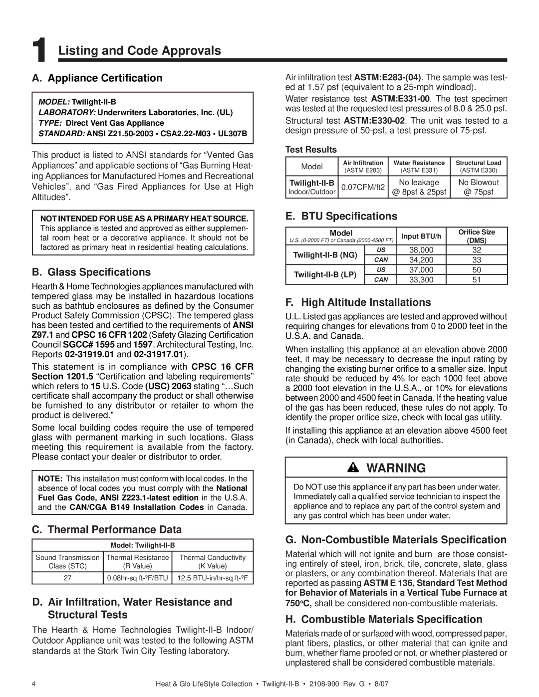 Hearth and Home Technologies II-B owner manual Listing and Code Approvals 