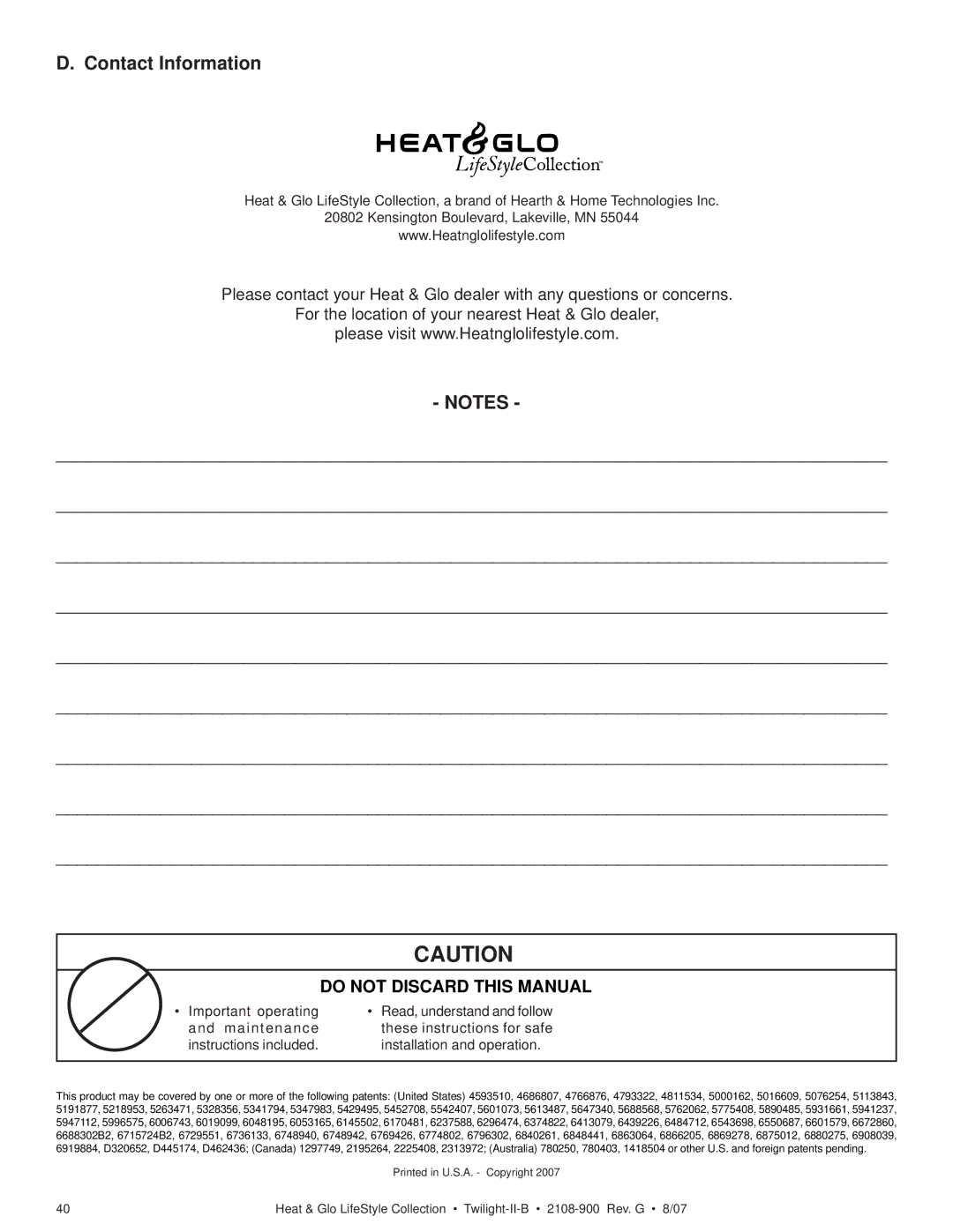 Hearth and Home Technologies II-B owner manual Contact Information, Do not Discard this Manual 