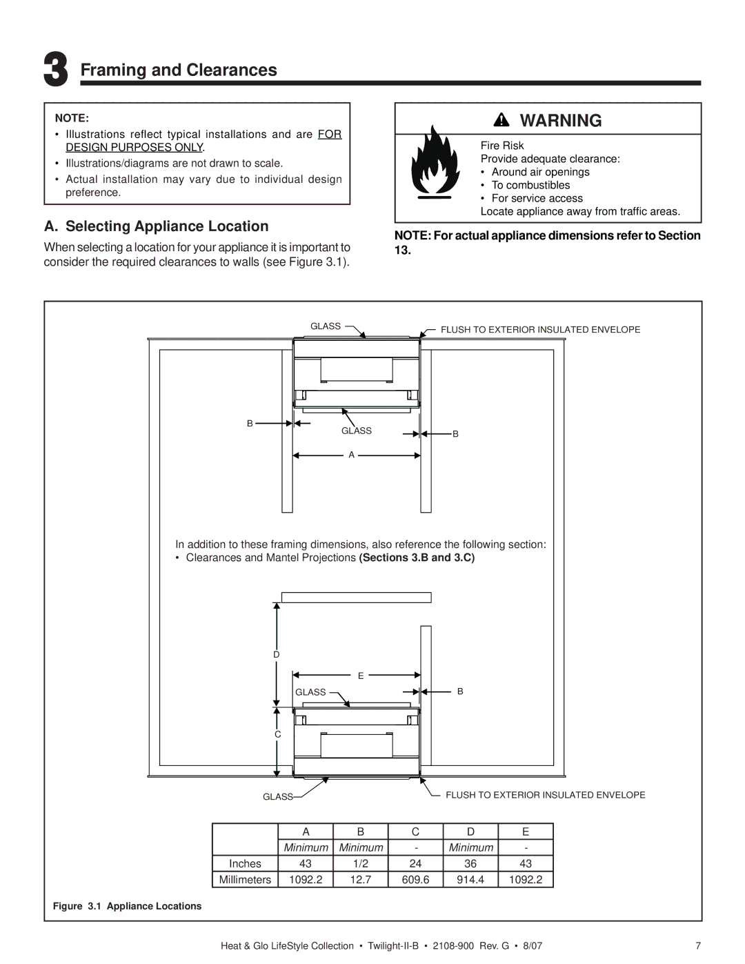 Hearth and Home Technologies II-B owner manual Framing and Clearances, Selecting Appliance Location 