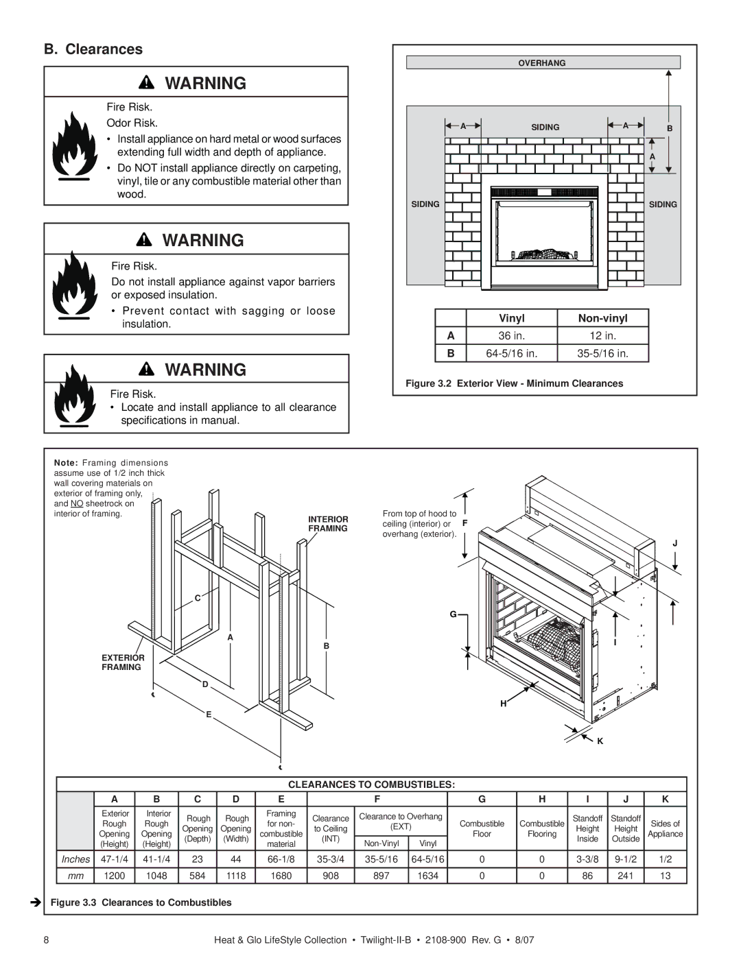 Hearth and Home Technologies II-B owner manual Clearances, Fire Risk Odor Risk 