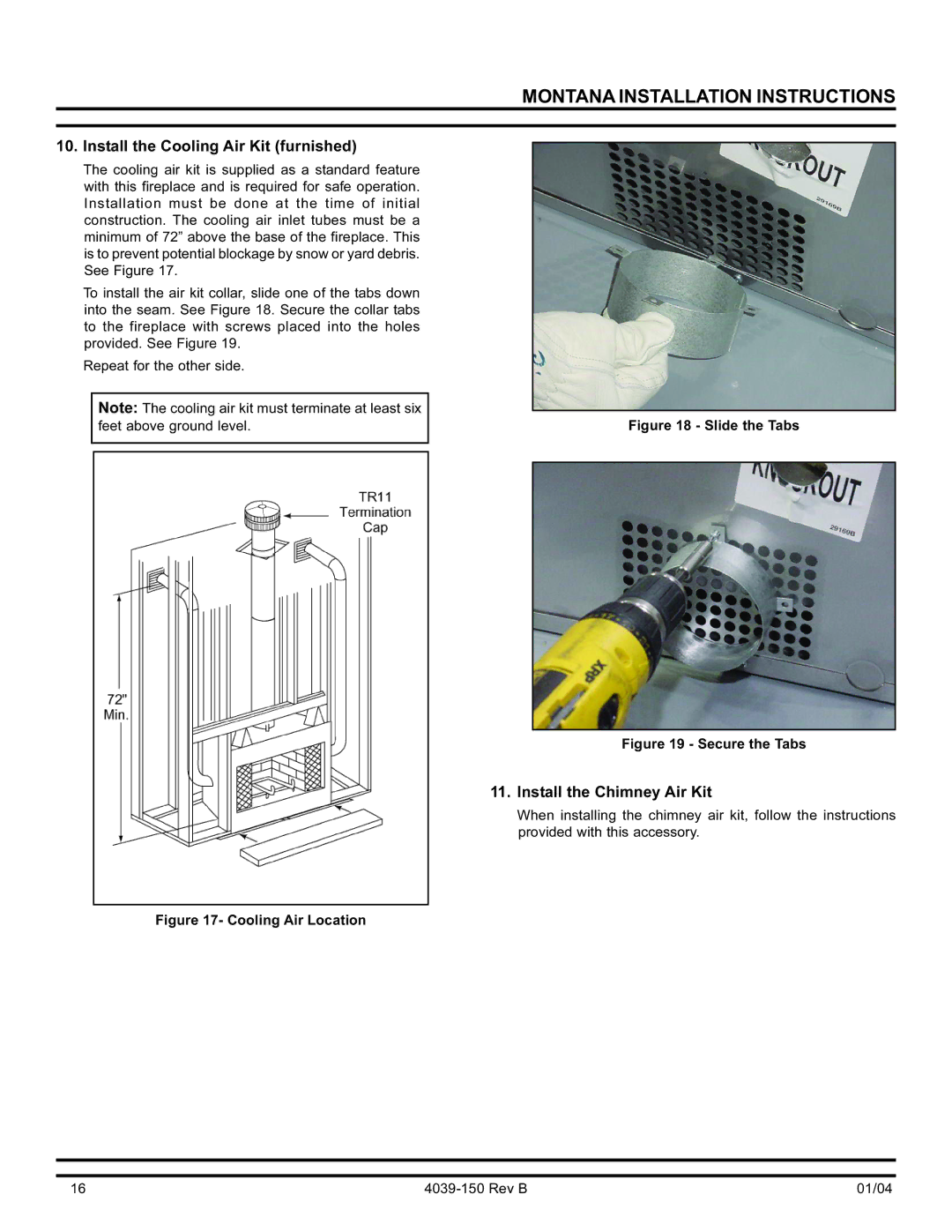 Hearth and Home Technologies Montana-36, Montana-42 Install the Cooling Air Kit furnished, Install the Chimney Air Kit 