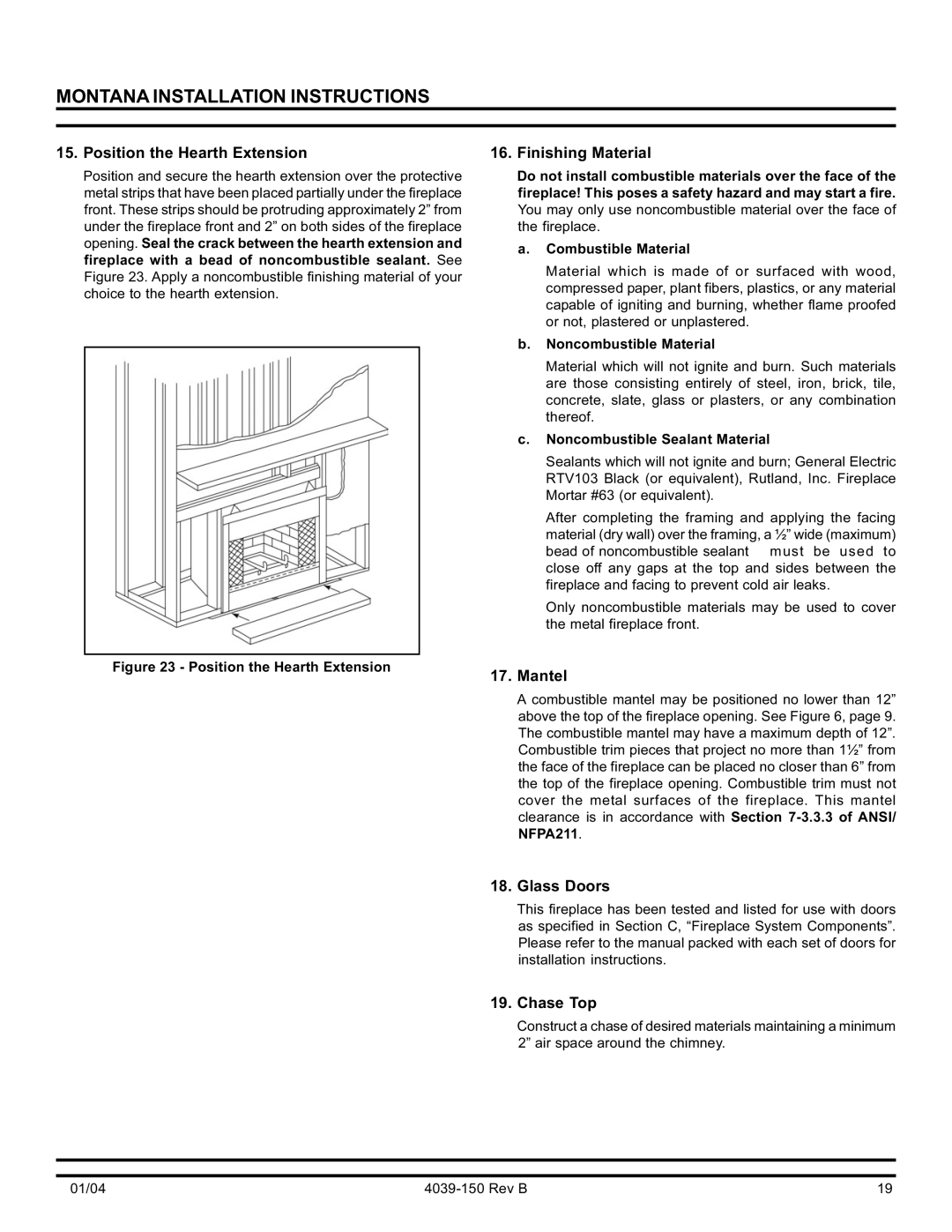 Hearth and Home Technologies Montana-42 Position the Hearth Extension, Finishing Material, Mantel, Glass Doors, Chase Top 