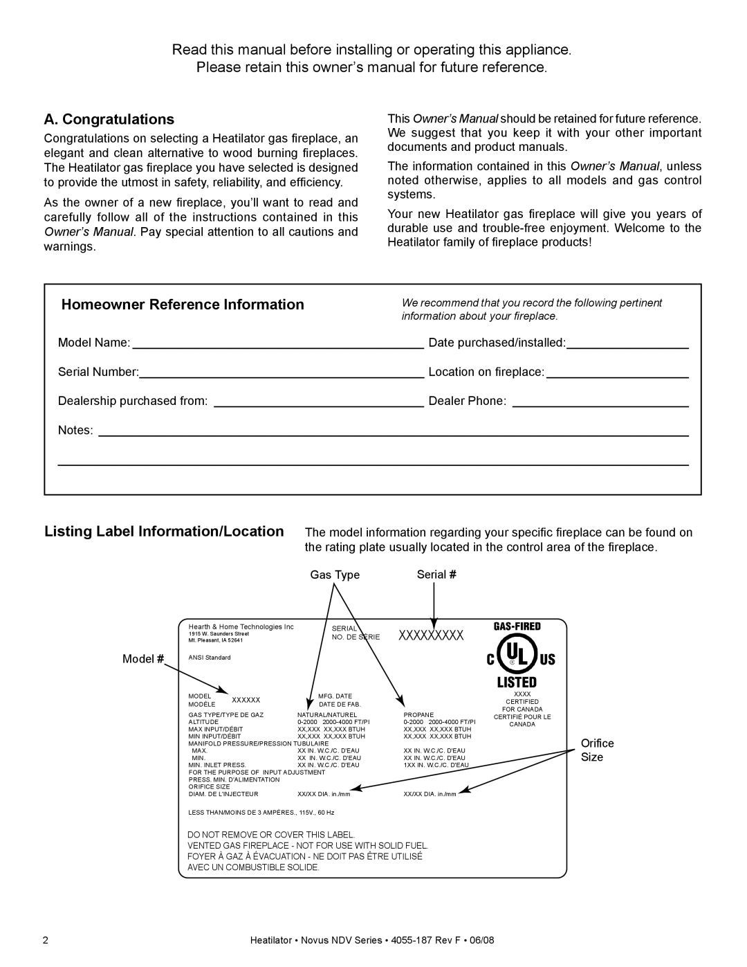 Hearth and Home Technologies NDV3933L, NDV4236IL, NDV3630, NDV4842I Congratulations, Homeowner Reference Information 