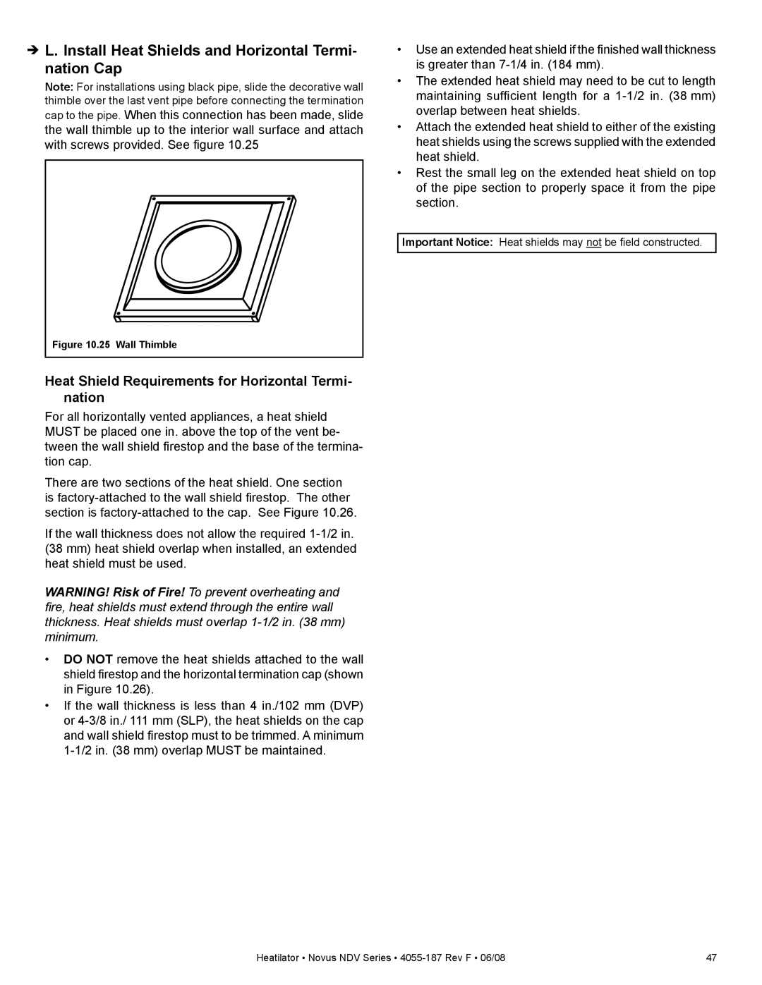 Hearth and Home Technologies NDV3630I, NDV4236IL, NDV3933L, NDV4842I Install Heat Shields and Horizontal Termi Nation Cap 