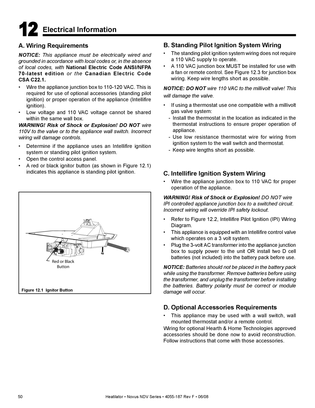 Hearth and Home Technologies NDV3933L Electrical Information, Wiring Requirements, Standing Pilot Ignition System Wiring 