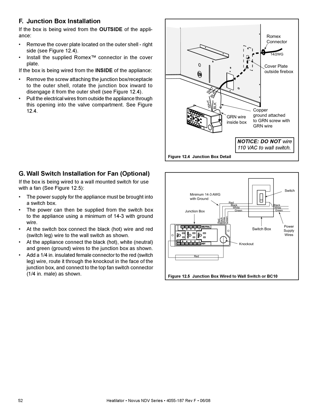 Hearth and Home Technologies NDV4842I, NDV4236IL Junction Box Installation, Wall Switch Installation for Fan Optional 