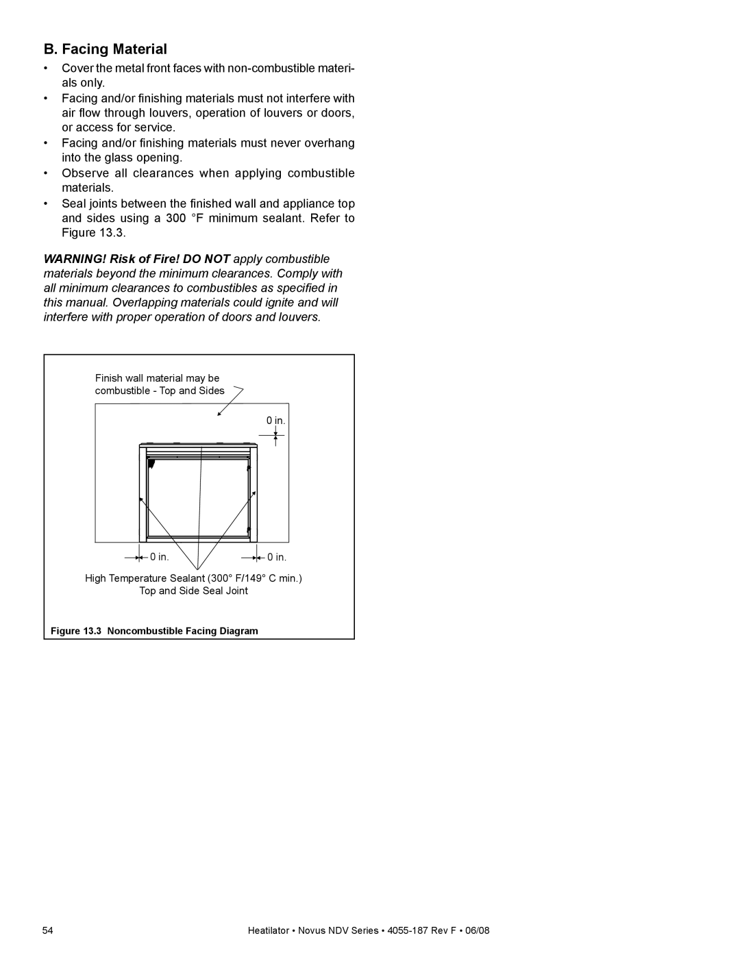 Hearth and Home Technologies NDV4842IL, NDV4236IL, NDV3630, NDV3933L, NDV4842L Facing Material, Noncombustible Facing Diagram 