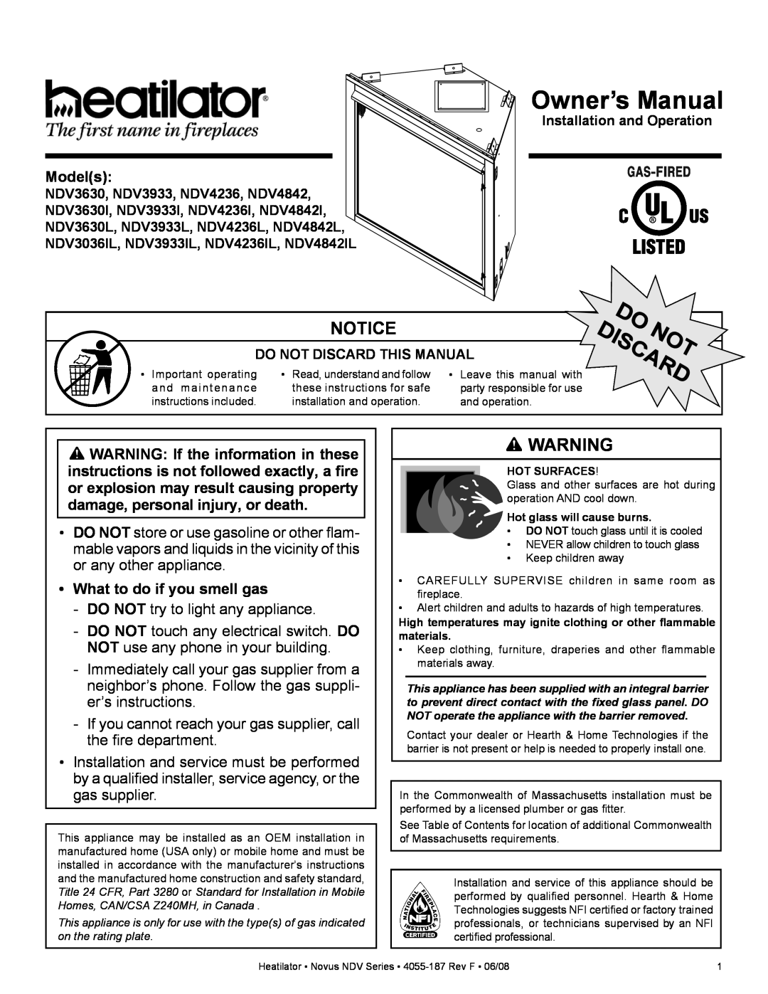 Hearth and Home Technologies NDV3630, NDV4236IL owner manual Models, What to do if you smell gas, Owner’s Manual, D Do 