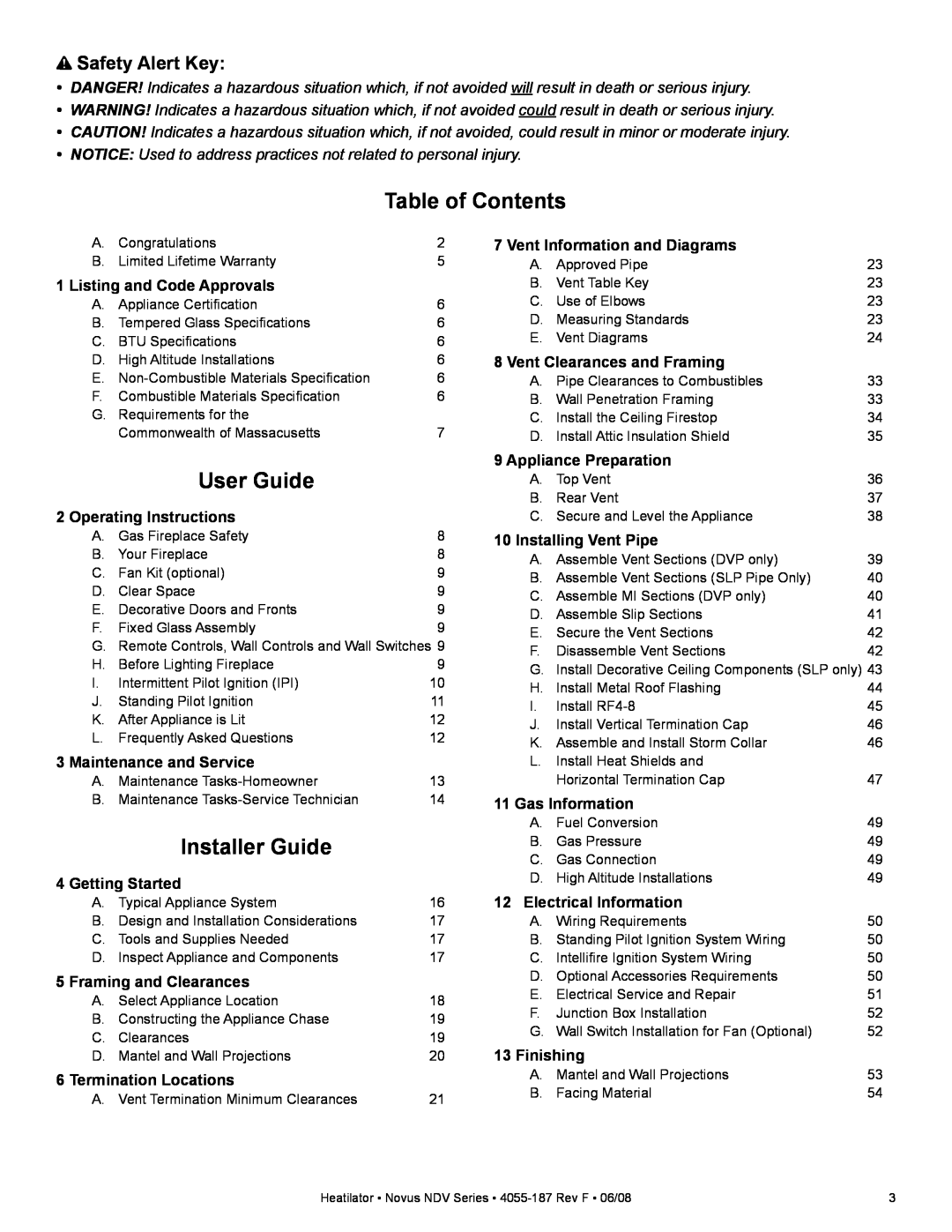 Hearth and Home Technologies NDV4236IL, NDV3630 Table of Contents, User Guide, Installer Guide, Safety Alert Key 