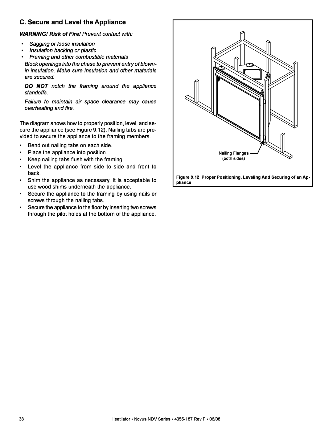 Hearth and Home Technologies NDV4842IL C. Secure and Level the Appliance, WARNING! Risk of Fire! Prevent contact with 
