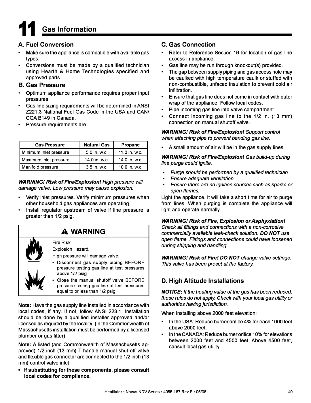 Hearth and Home Technologies NDV3630, NDV4236IL Gas Information, A. Fuel Conversion, B. Gas Pressure, C. Gas Connection 