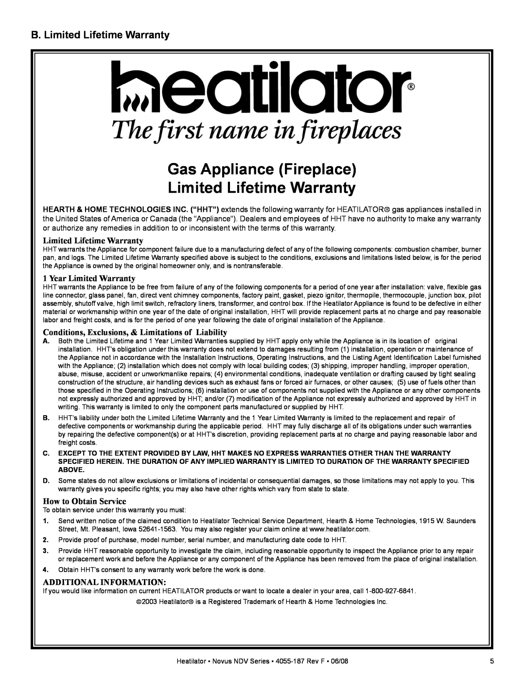 Hearth and Home Technologies NDV3933 B. Limited Lifetime Warranty, Gas Appliance Fireplace Limited Lifetime Warranty 