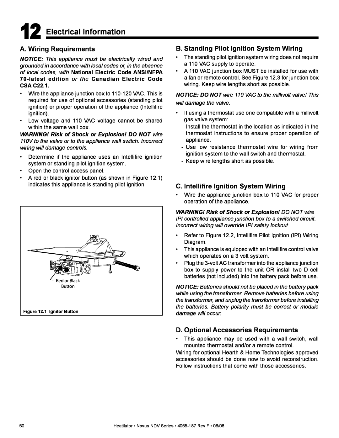 Hearth and Home Technologies NDV3933L Electrical Information, A. Wiring Requirements, C. Intelliﬁre Ignition System Wiring 