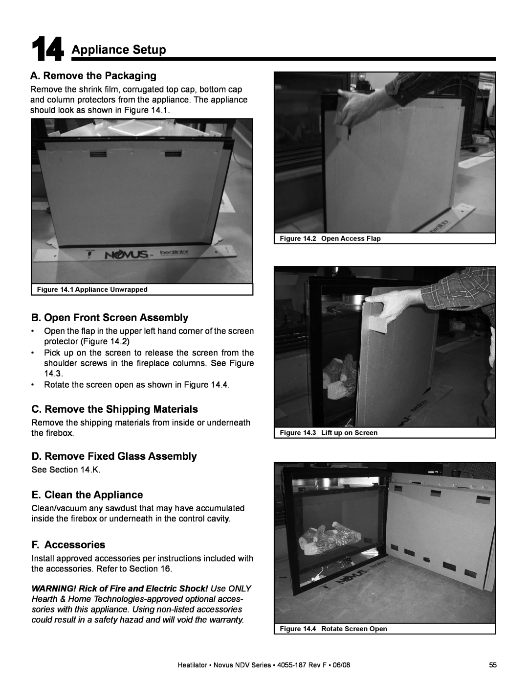 Hearth and Home Technologies NDV4842L, NDV4236IL Appliance Setup, A. Remove the Packaging, B. Open Front Screen Assembly 