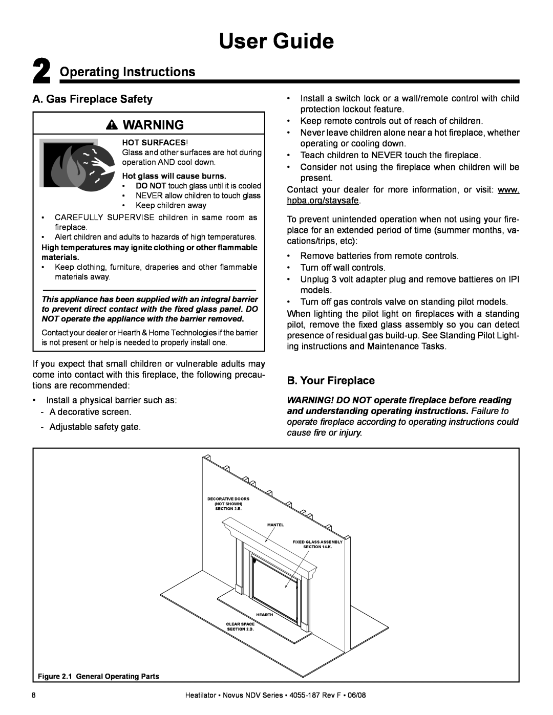 Hearth and Home Technologies NDV4236L User Guide, Operating Instructions, A. Gas Fireplace Safety, B. Your Fireplace 