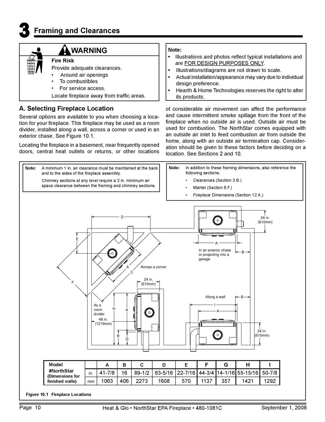 Hearth and Home Technologies NorthStar-NT Framing and Clearances, Selecting Fireplace Location, Model #NorthStar 