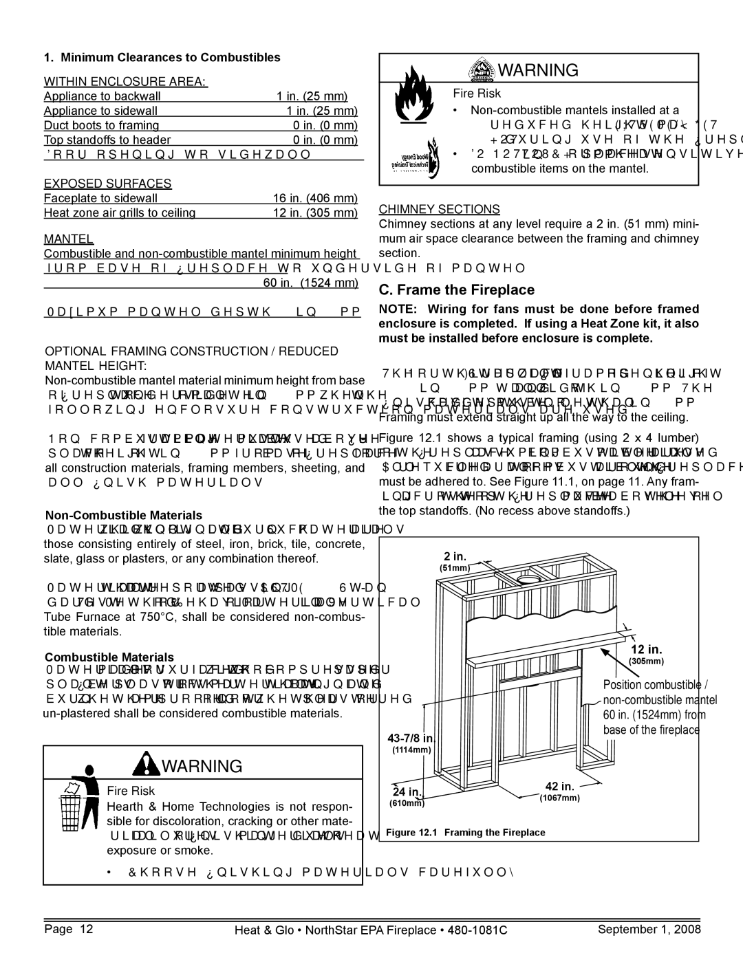 Hearth and Home Technologies NorthStar-GT Frame the Fireplace, Minimum Clearances to Combustibles, Combustible Materials 