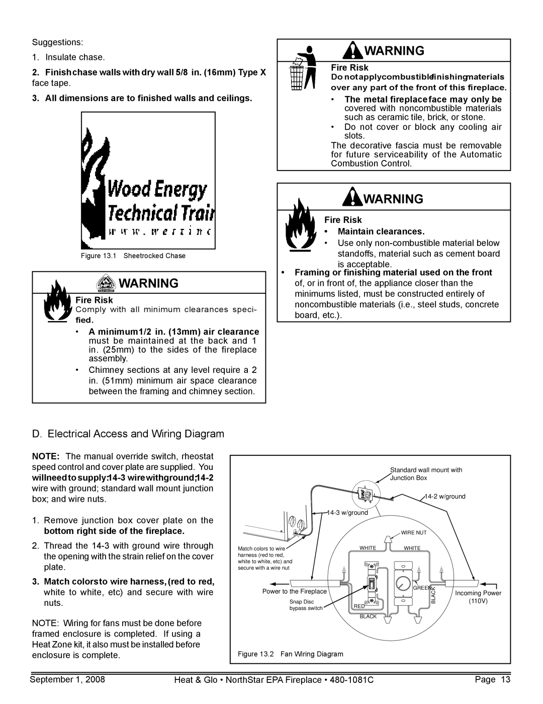 Hearth and Home Technologies NorthStar-NT, NorthStar-GT, NorthStar-BK Electrical Access and Wiring Diagram, Suggestions 