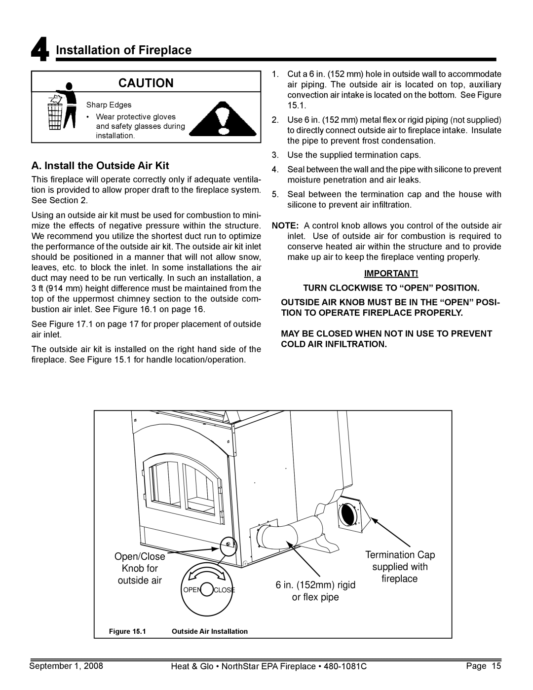 Hearth and Home Technologies NorthStar-GT, NorthStar-NT owner manual Installation of Fireplace, Install the Outside Air Kit 