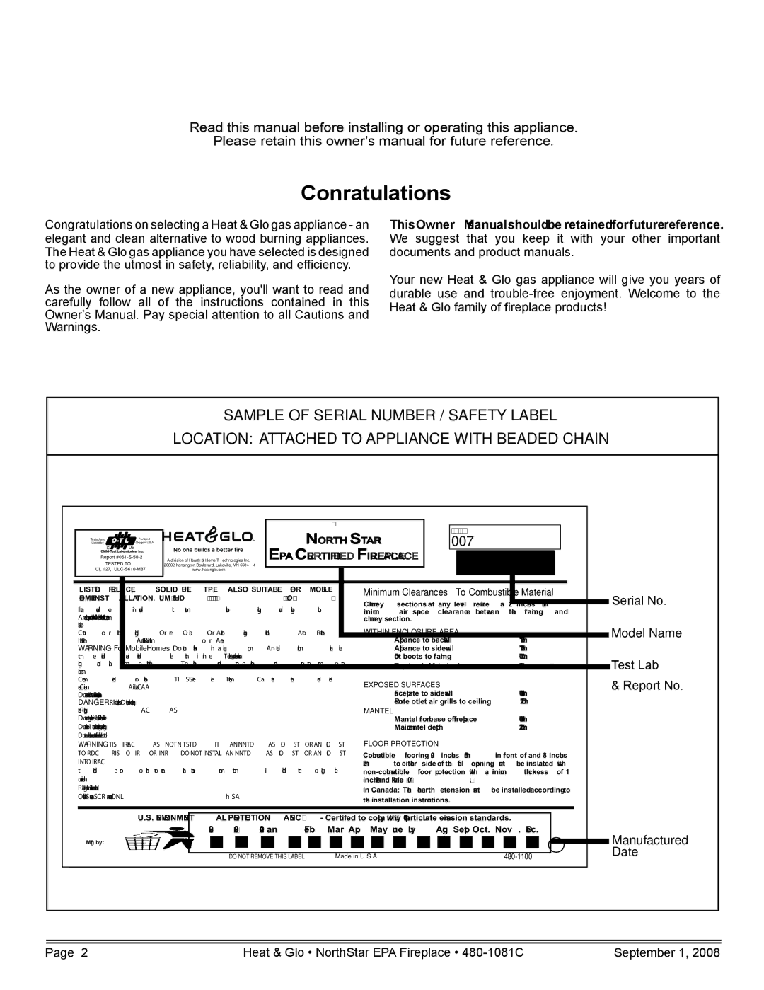 Hearth and Home Technologies NorthStar-BK, NorthStar-GT 007, Serial No Model Name Test Lab Report No Manufactured Date 