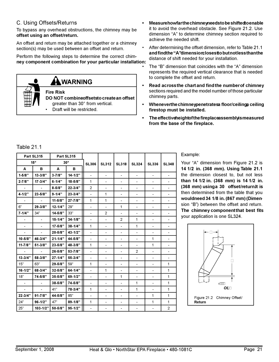 Hearth and Home Technologies NorthStar-GT, NorthStar-NT, NorthStar-BK owner manual Using Offsets/Returns, Example 