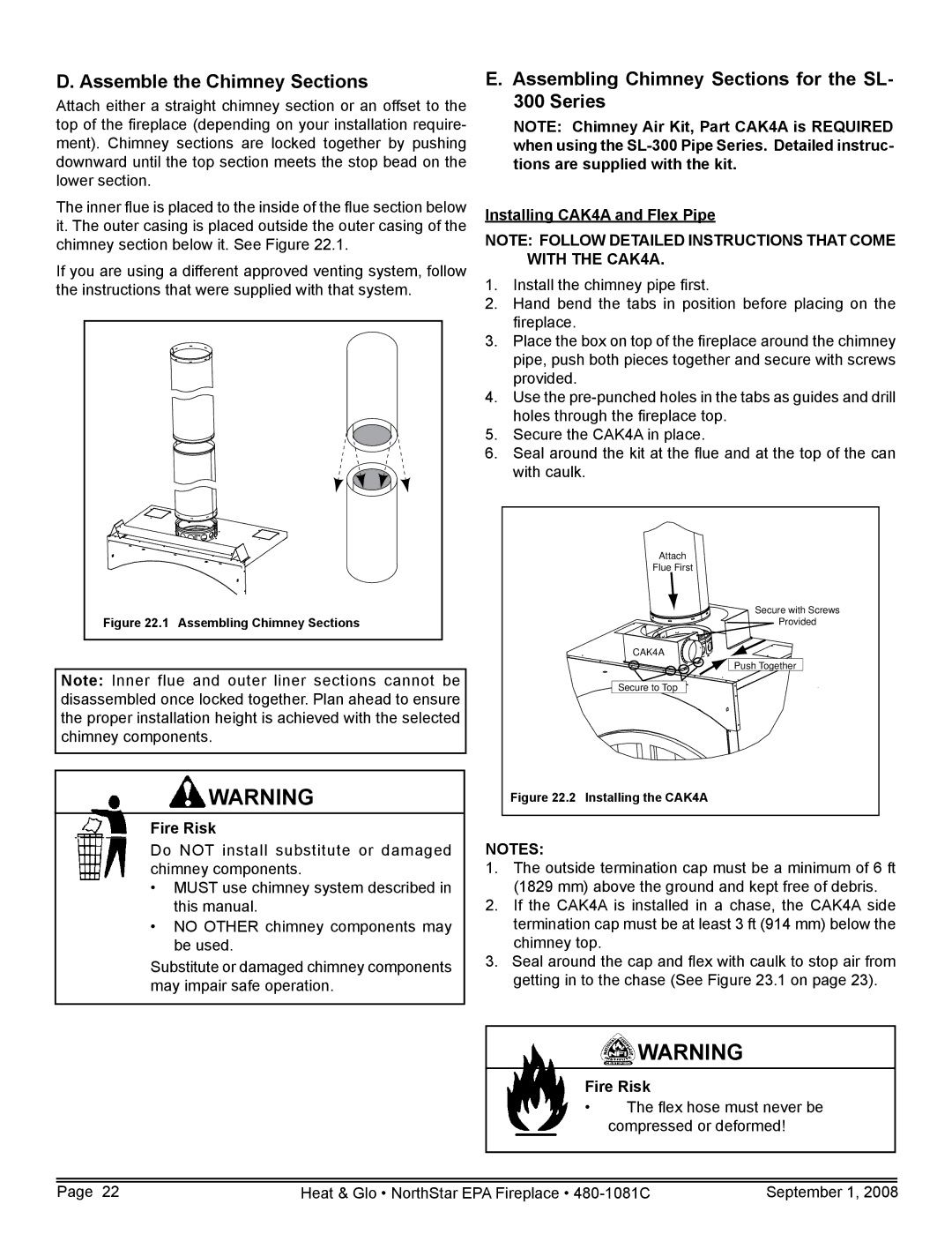 Hearth and Home Technologies NorthStar-NT, NorthStar-GT Assemble the Chimney Sections, Installing CAK4A and Flex Pipe 