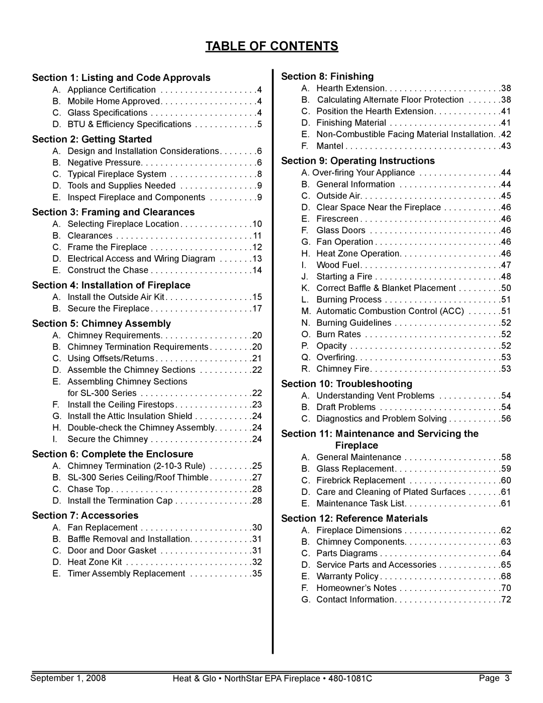 Hearth and Home Technologies NorthStar-GT, NorthStar-NT, NorthStar-BK owner manual Table of Contents 