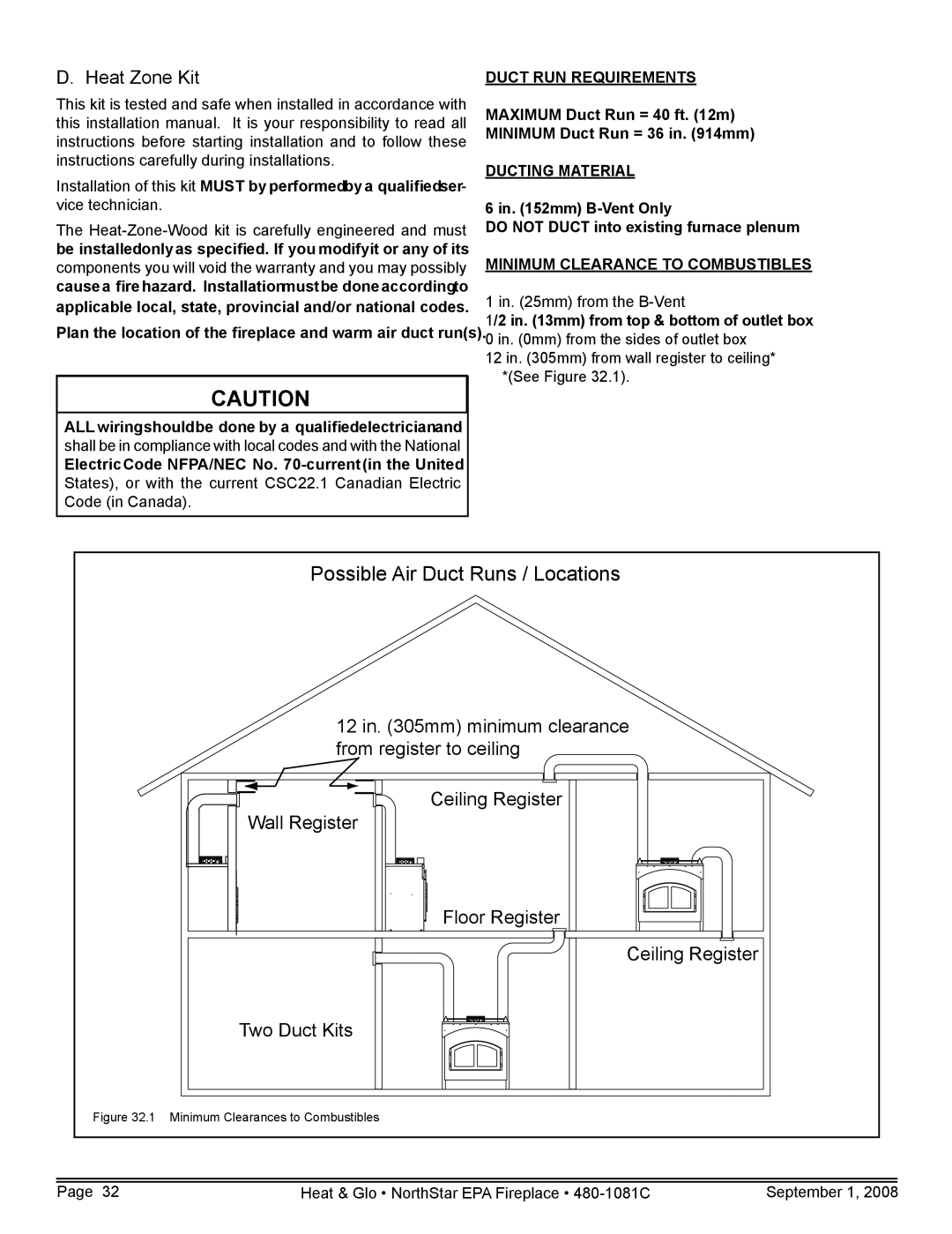 Hearth and Home Technologies NorthStar-BK, NorthStar-GT, NorthStar-NT Heat Zone Kit, Minimum Clearance to Combustibles 