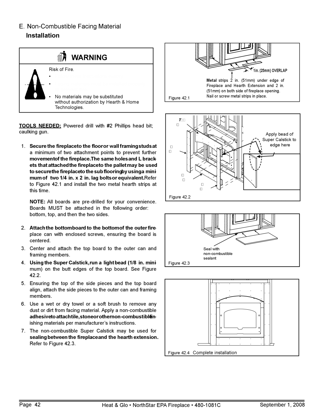 Hearth and Home Technologies NorthStar-GT, NorthStar-NT Non-Combustible Facing Material Installation, Risk of Fire 