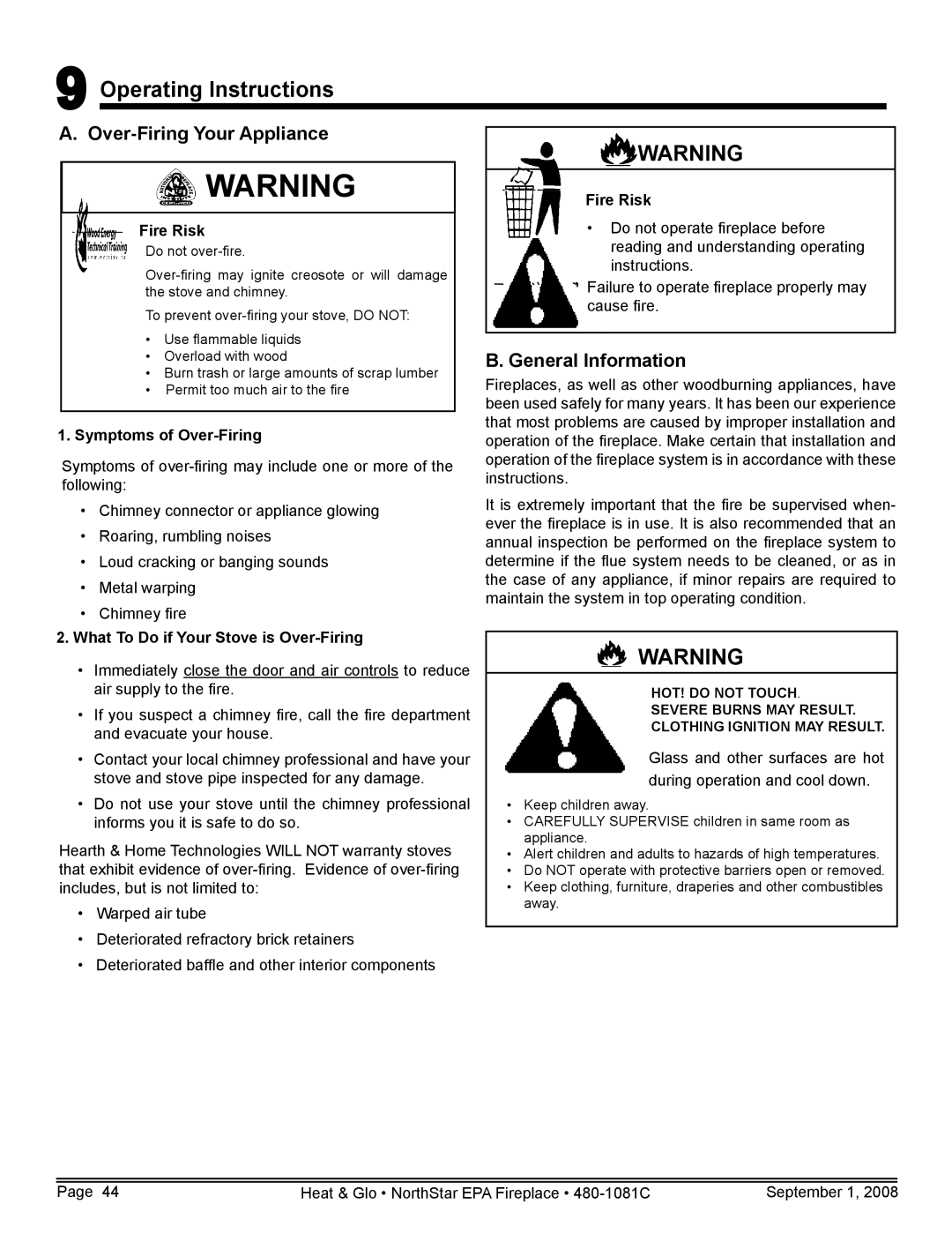 Hearth and Home Technologies NorthStar-BK Operating Instructions, Over-Firing Your Appliance, General Information 