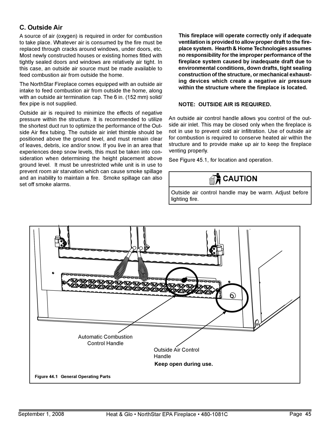 Hearth and Home Technologies NorthStar-GT, NorthStar-NT, NorthStar-BK owner manual Outside Air, Keep open during use 