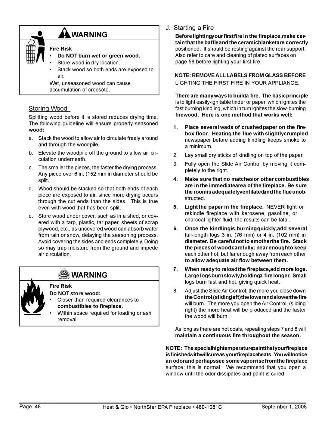 Hearth and Home Technologies NorthStar-GT, NorthStar-NT, NorthStar-BK owner manual Storing Wood, Starting a Fire 