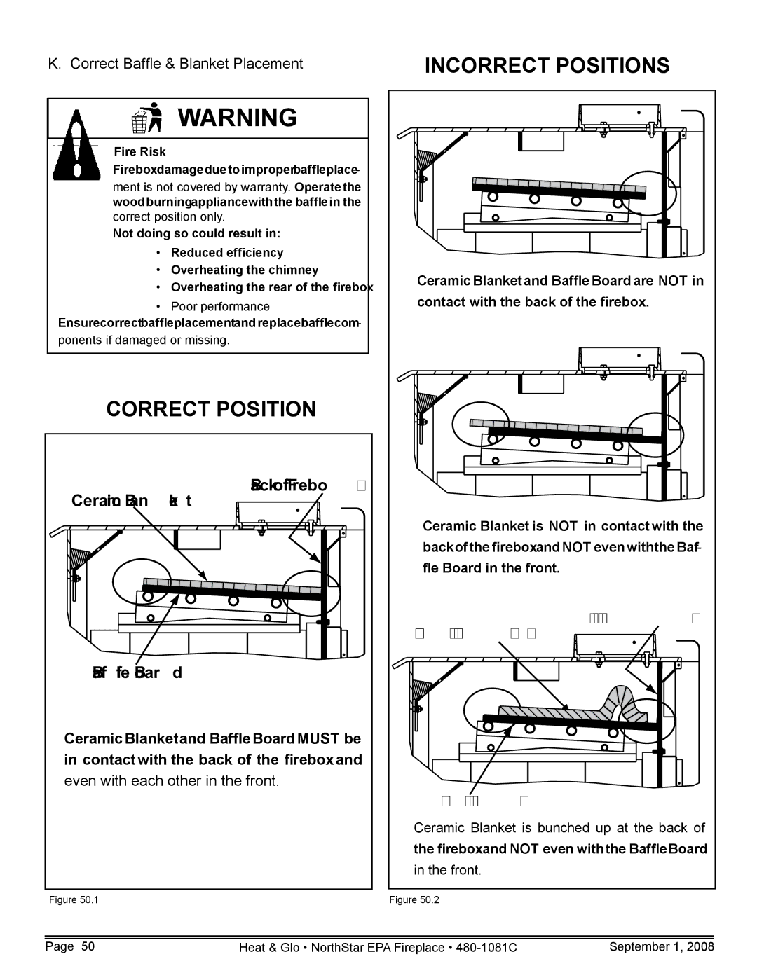 Hearth and Home Technologies NorthStar-BK, NorthStar-GT owner manual Incorrect Positions, Correct Baffle & Blanket Placement 