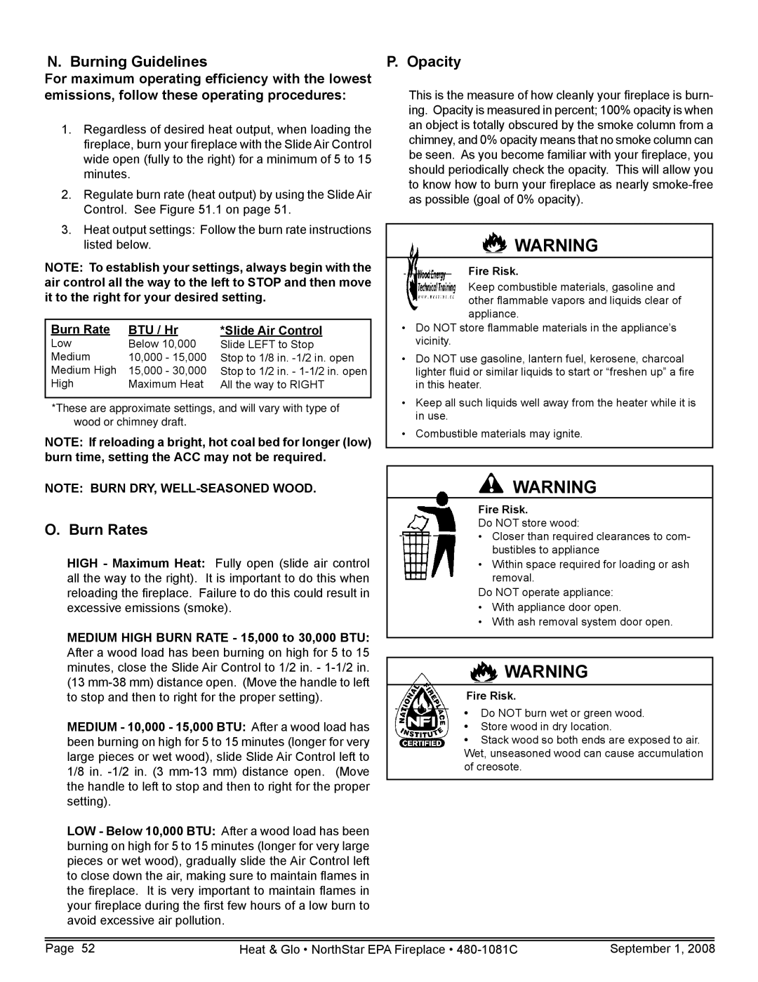 Hearth and Home Technologies NorthStar-NT Burning Guidelines, Burn Rates, Opacity, Burn Rate BTU / Hr Slide Air Control 