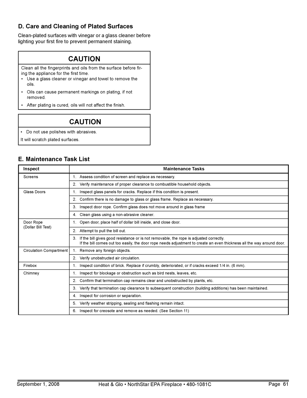 Hearth and Home Technologies NorthStar-NT, NorthStar-GT Care and Cleaning of Plated Surfaces, Maintenance Task List 