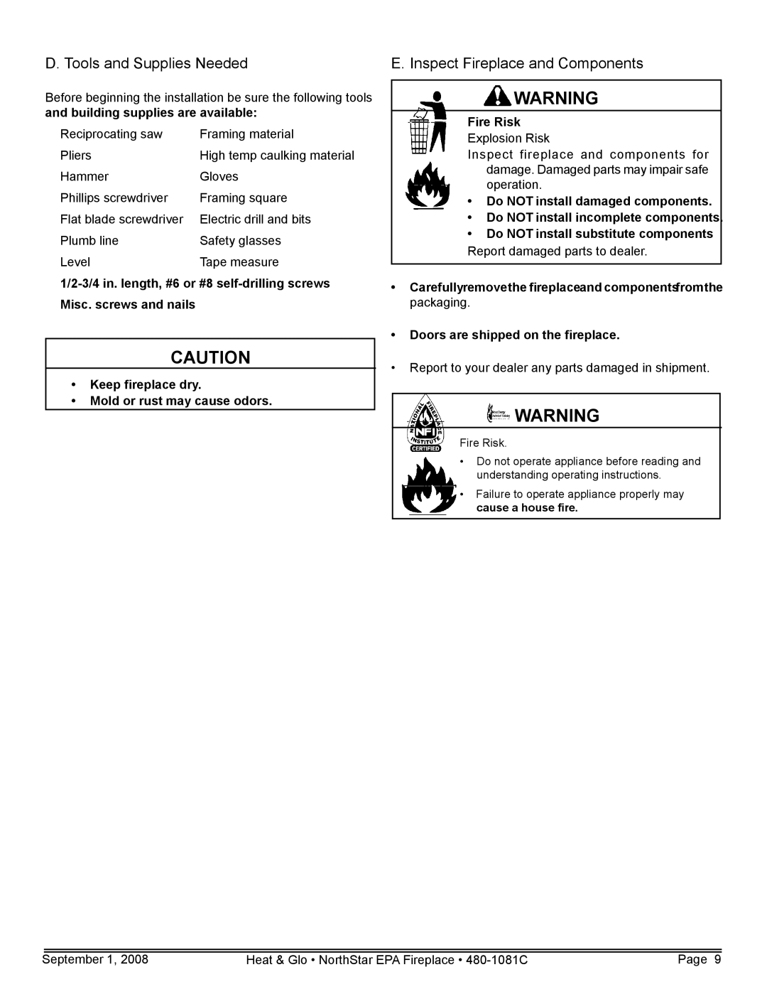 Hearth and Home Technologies NorthStar-GT, NorthStar-NT Tools and Supplies Needed, Inspect Fireplace and Components 