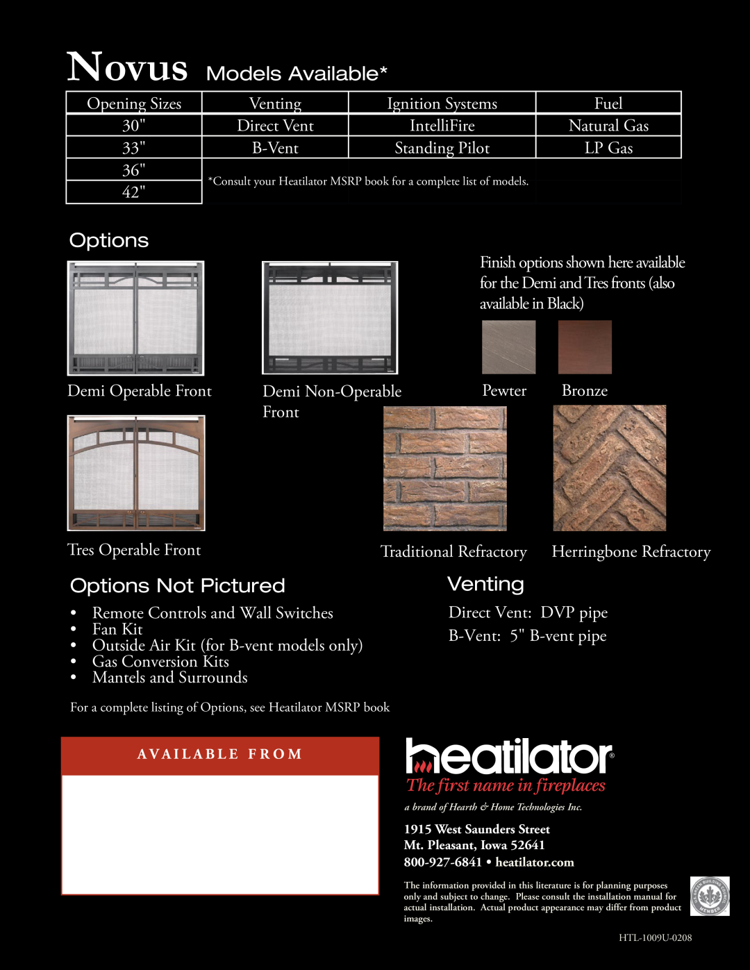 Hearth and Home Technologies manual Novus Models Available, Options Not Pictured, Venting 