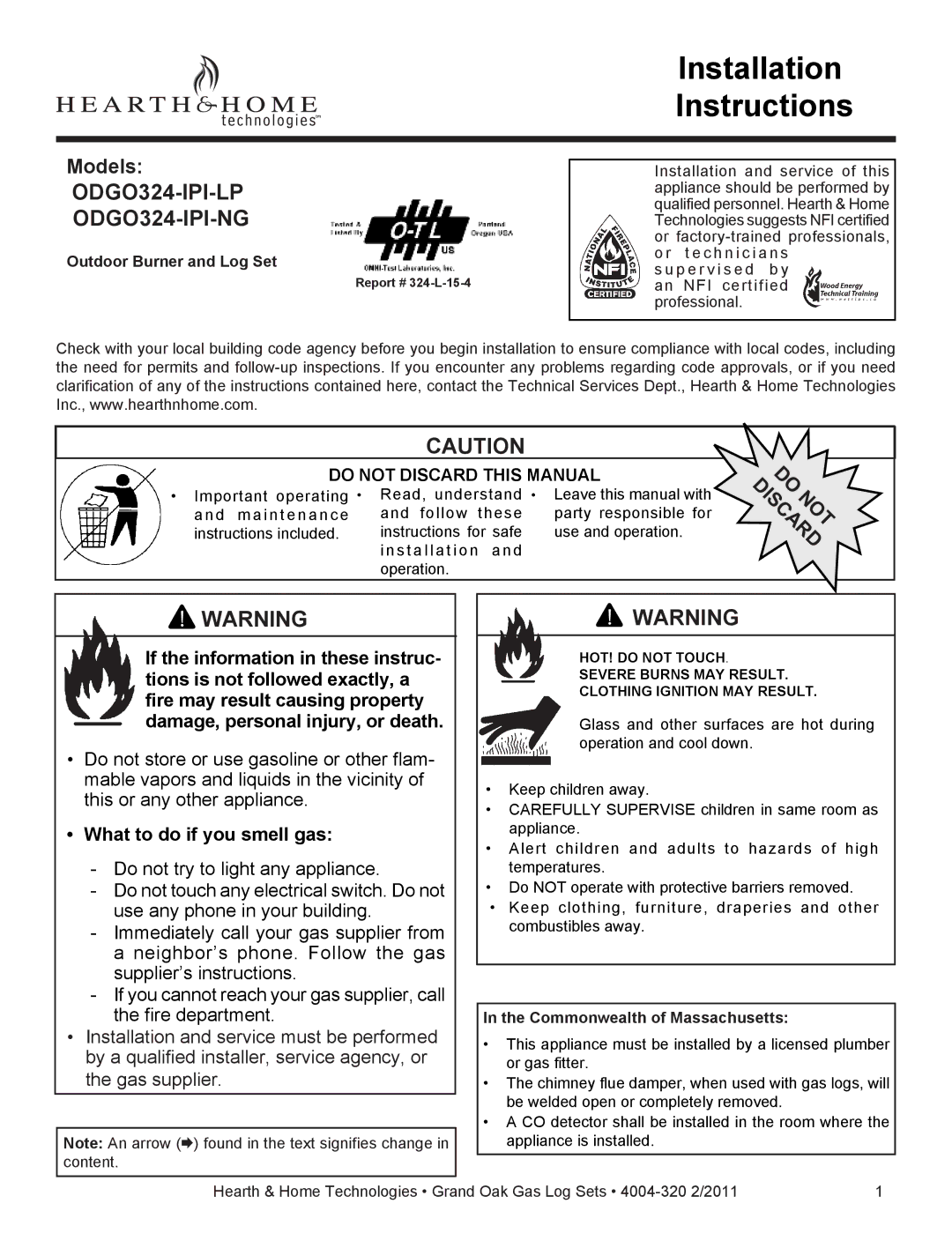 Hearth and Home Technologies ODGO324-IPI-LP, ODGO324-IPI-NG installation instructions What to do if you smell gas 