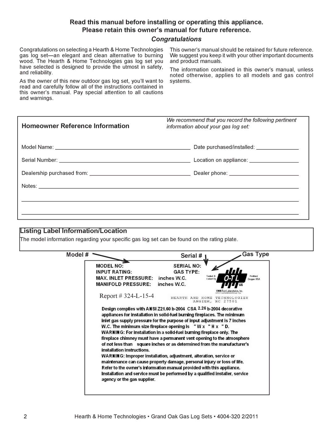 Hearth and Home Technologies ODGO324-IPI-NG, ODGO324-IPI-LP Congratulations, Listing Label Information/Location 