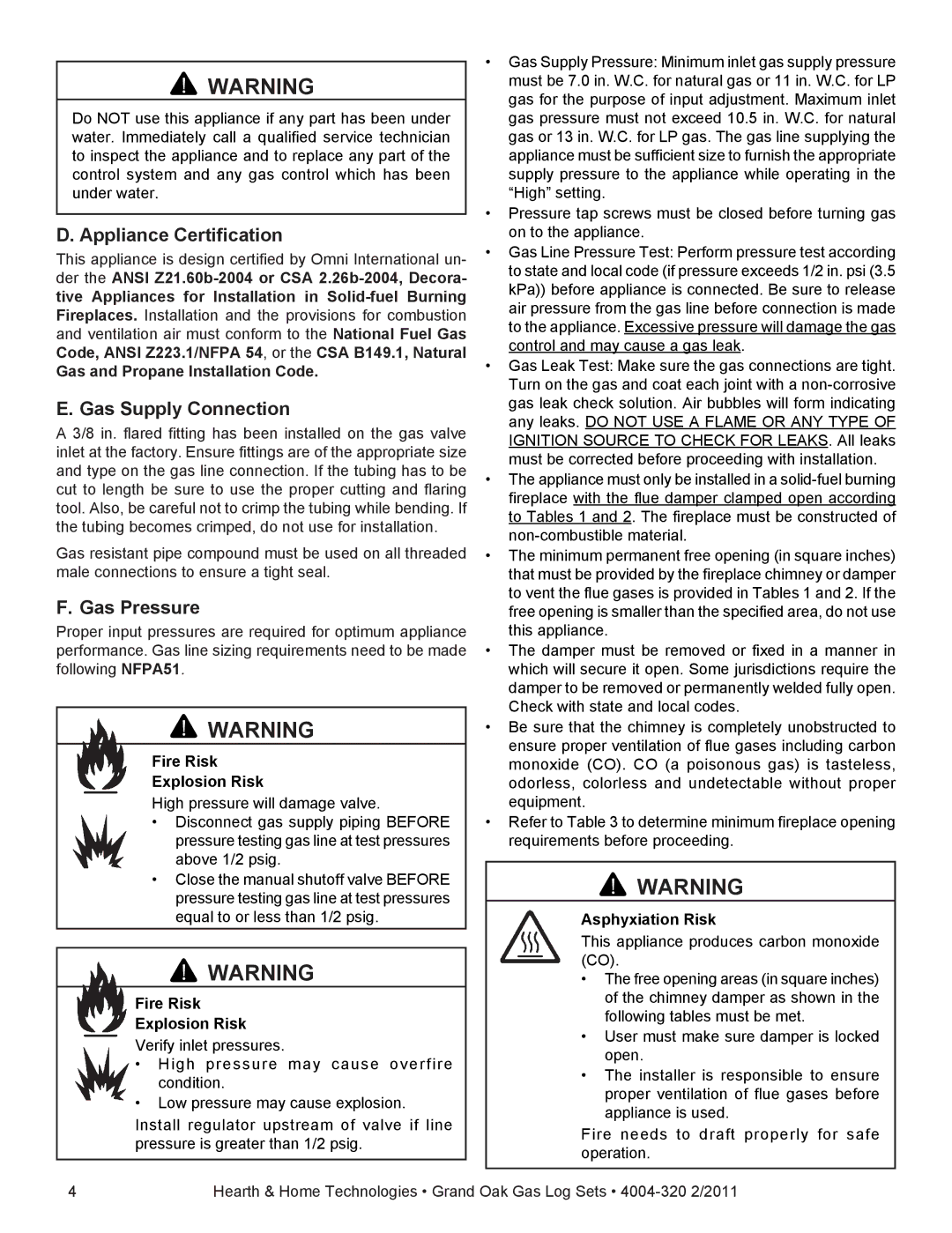 Hearth and Home Technologies ODGO324-IPI-NG, ODGO324-IPI-LP Appliance Certification, Gas Supply Connection, Gas Pressure 