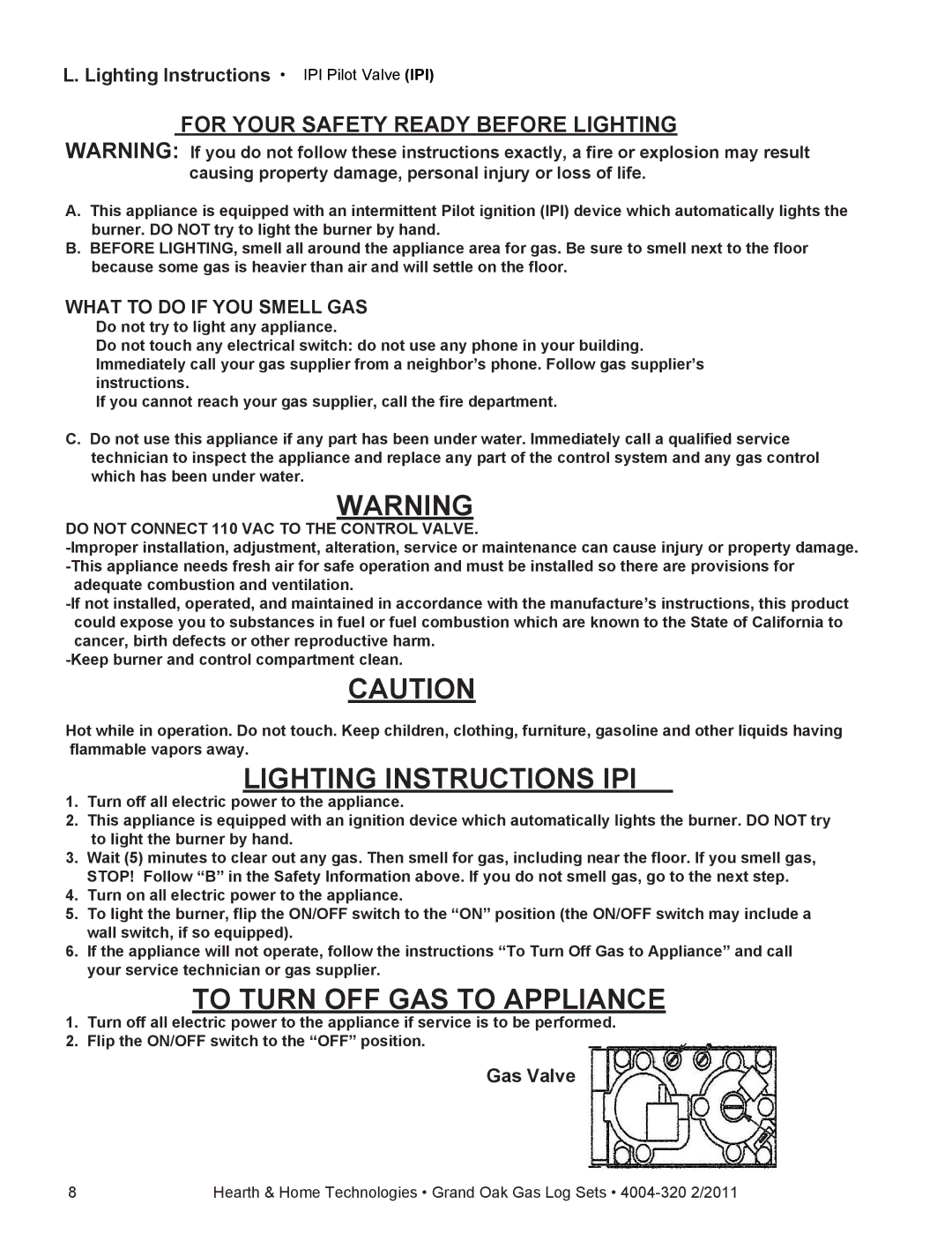 Hearth and Home Technologies ODGO324-IPI-NG, ODGO324-IPI-LP Lighting Instructions IPI Pilot Valve IPI, Gas Valve 