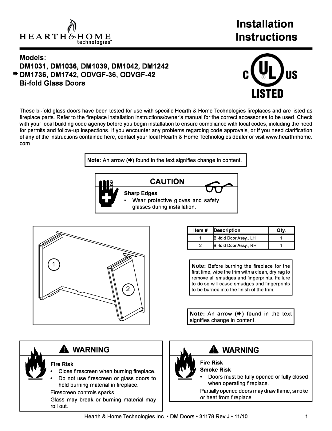 Hearth and Home Technologies DM1736, ODVGF-42 installation instructions Installation Instructions, Sharp Edges, Fire Risk 