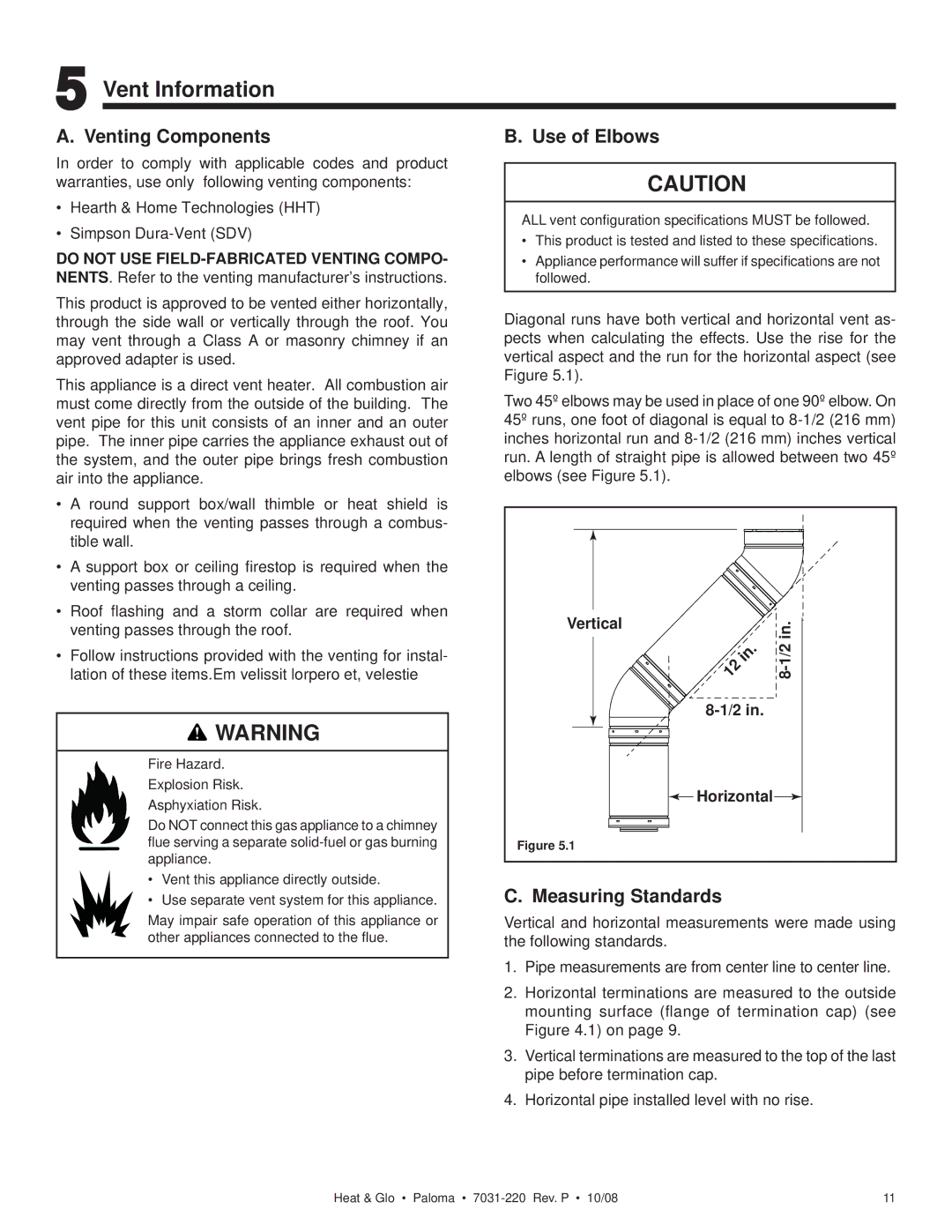 Hearth and Home Technologies PALOMA-GY, PALOMA-GR Vent Information, Venting Components, Use of Elbows, Measuring Standards 