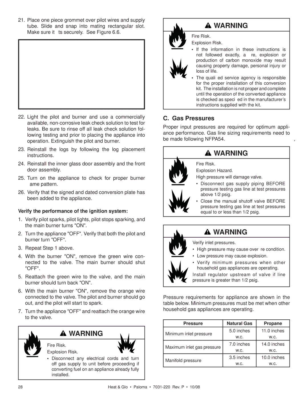 Hearth and Home Technologies PALOMA-GR, PALOMA-BL, PALOMA-BZ Gas Pressures, Verify the performance of the ignition system 