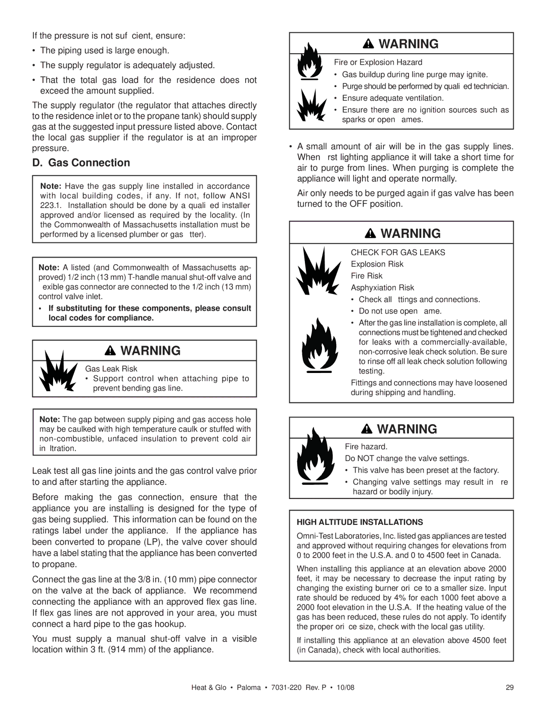 Hearth and Home Technologies PALOMA-BL, PALOMA-GR, PALOMA-BZ, PALOMA-GY owner manual Gas Connection, Check for GAS Leaks 