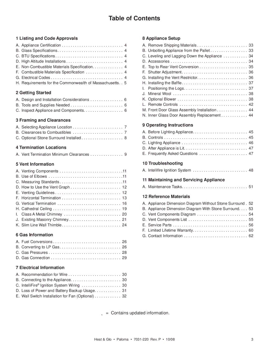 Hearth and Home Technologies PALOMA-GY, PALOMA-GR, PALOMA-BL, PALOMA-BZ owner manual Table of Contents 