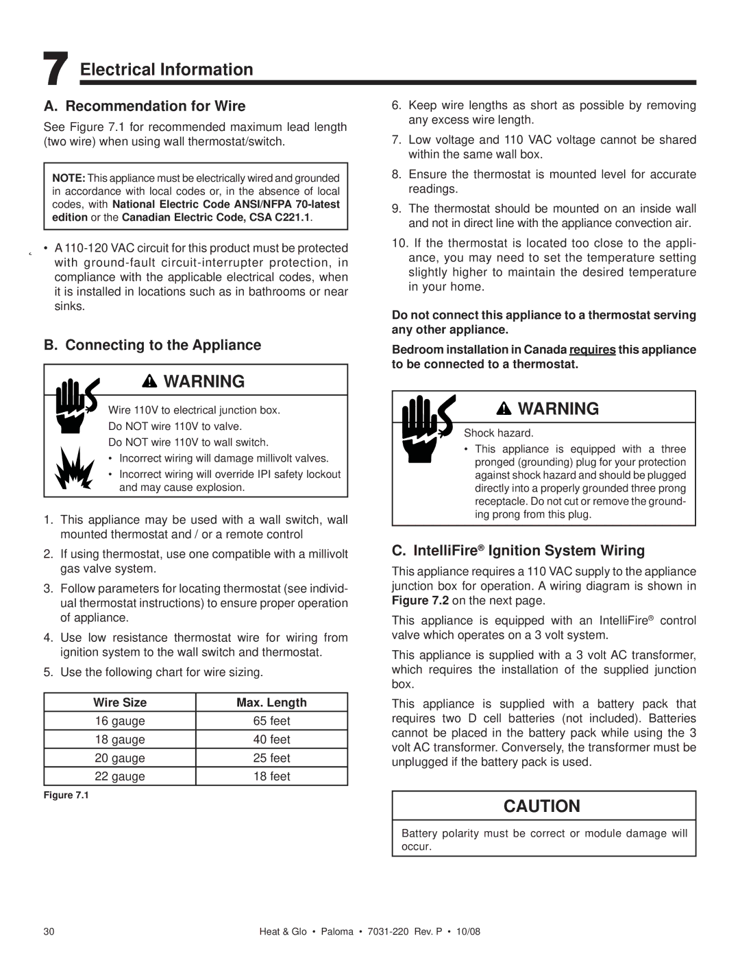 Hearth and Home Technologies PALOMA-BZ Electrical Information, Recommendation for Wire, Connecting to the Appliance 